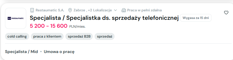 Specjalista ds. sprzedazy telefonicznej - Restaumatic - 5 200-15 600 PLN/mies.