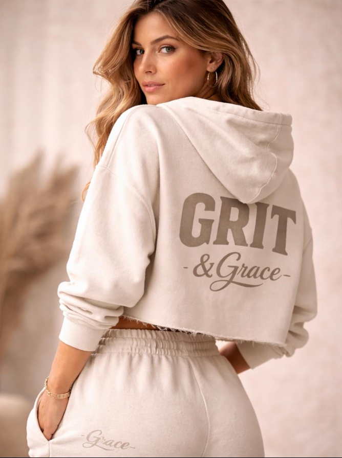Women's cream cropped hoodie set