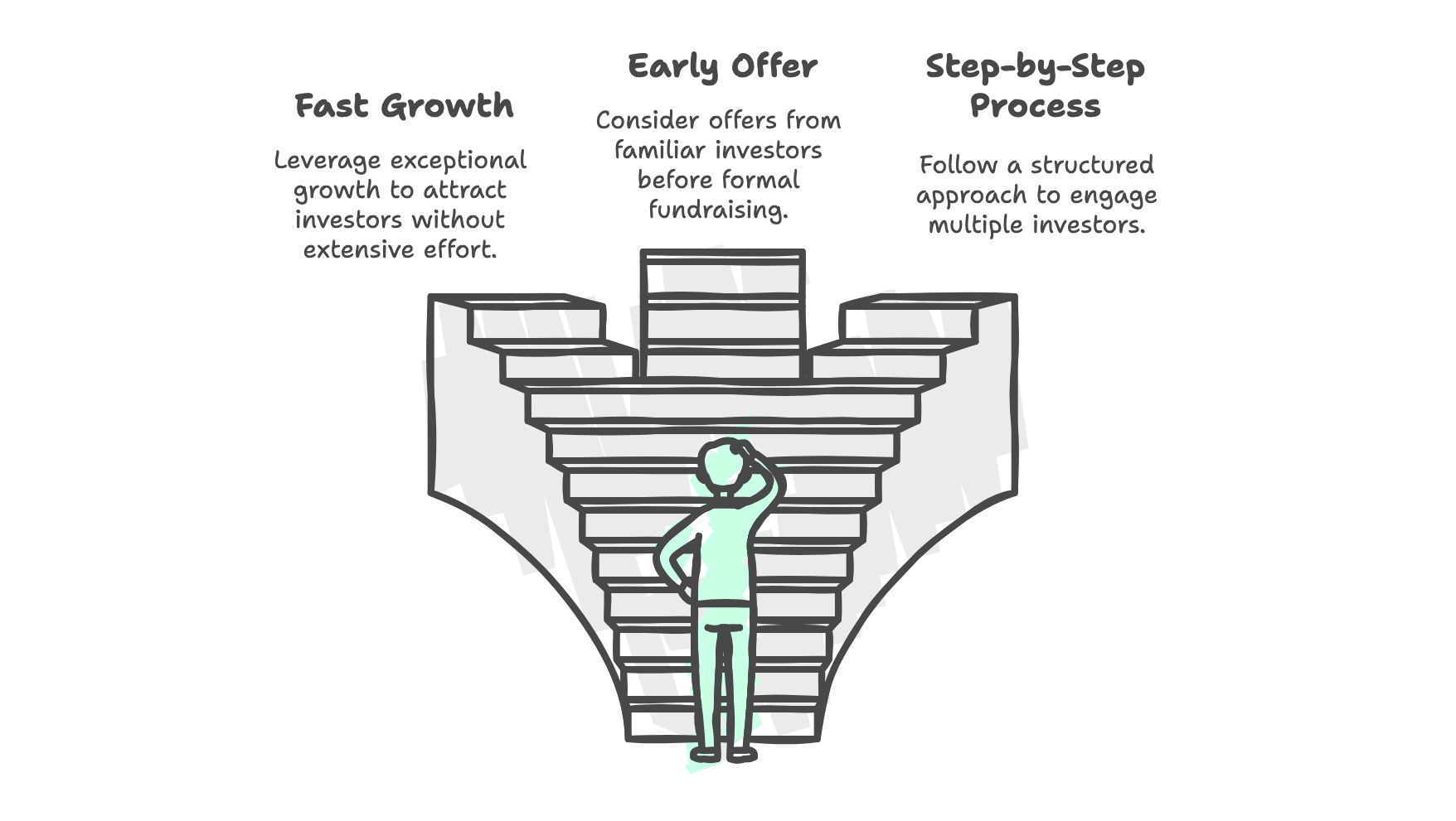 Illustration showing three fundraising paths: Fast Growth, Early Offer, and Step-by-Step Process