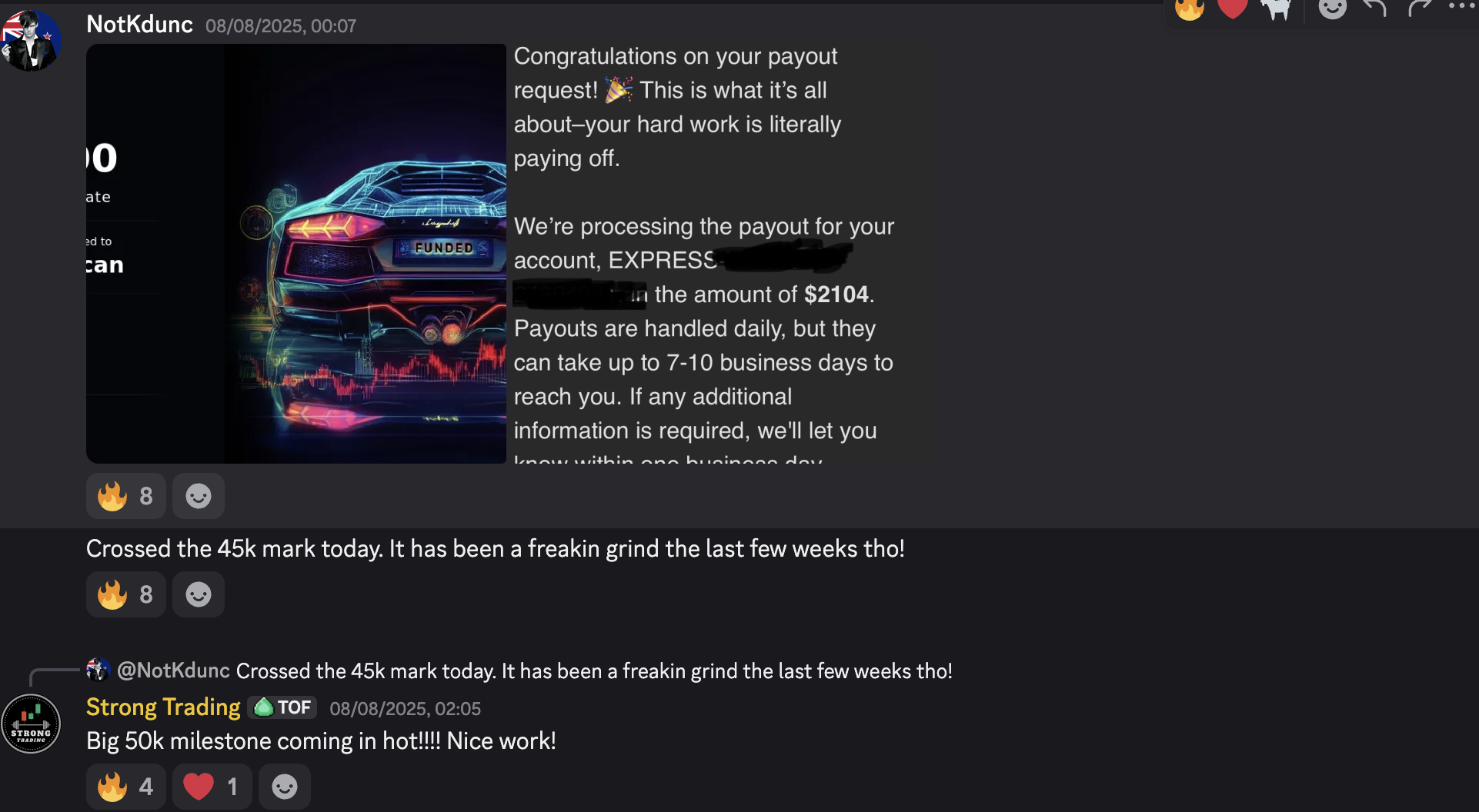 NotKdunc — crossed 45k mark, $2,104 Topstep payout email