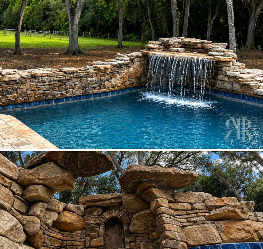 Luxury pool waterfall and grotto reconstruction — Radical Masonry signature work