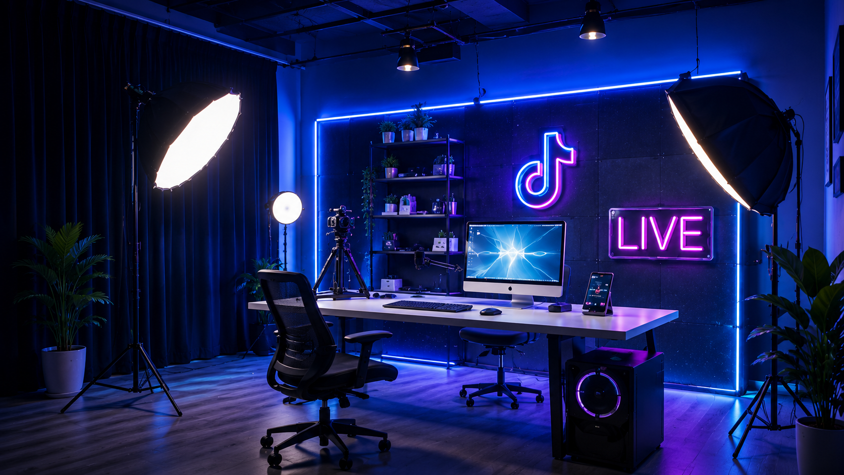 Professional TikTok livestream studio with neon lighting
