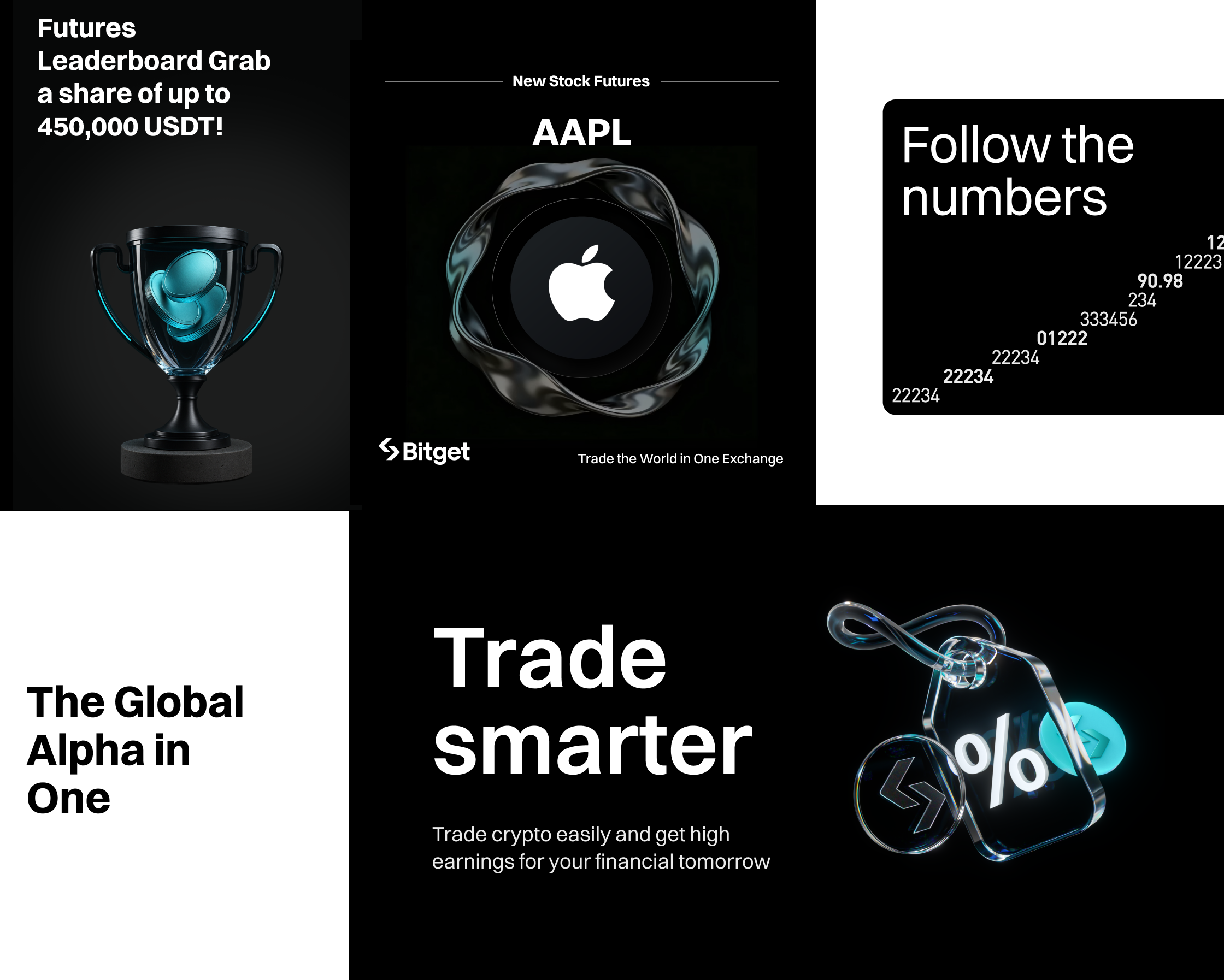 Typography hierarchy in use — Bitget campaign collage showing display headlines, subheadings and body copy across multiple ad formats