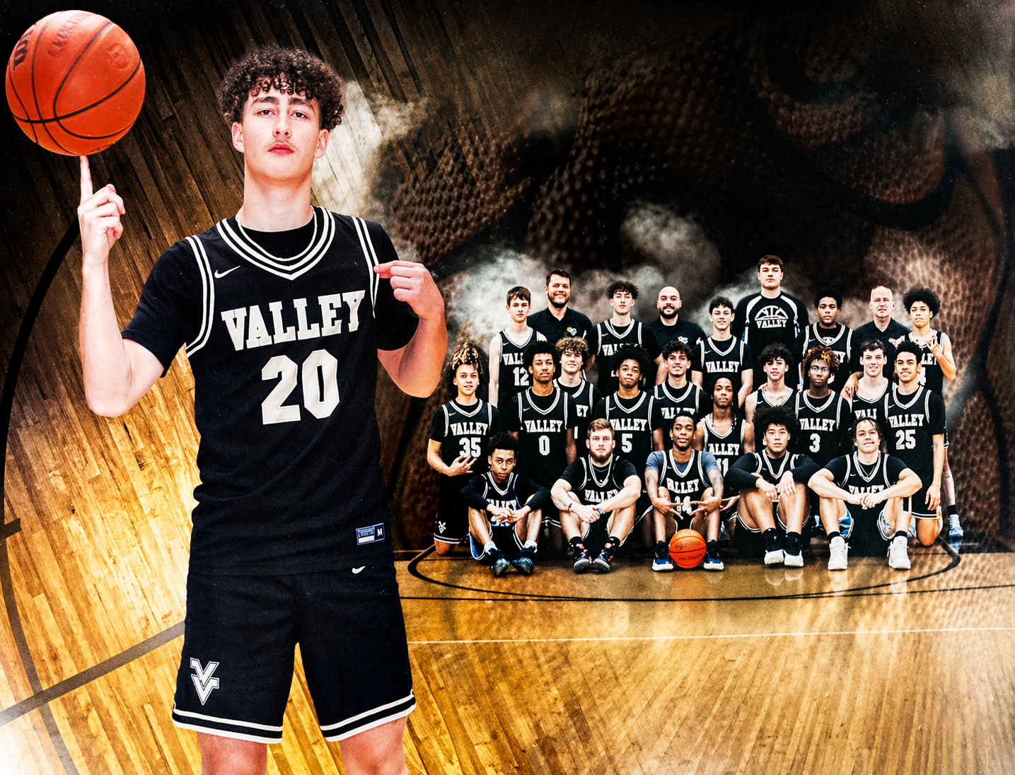 Valley Vikings Basketball player and full team on the court
