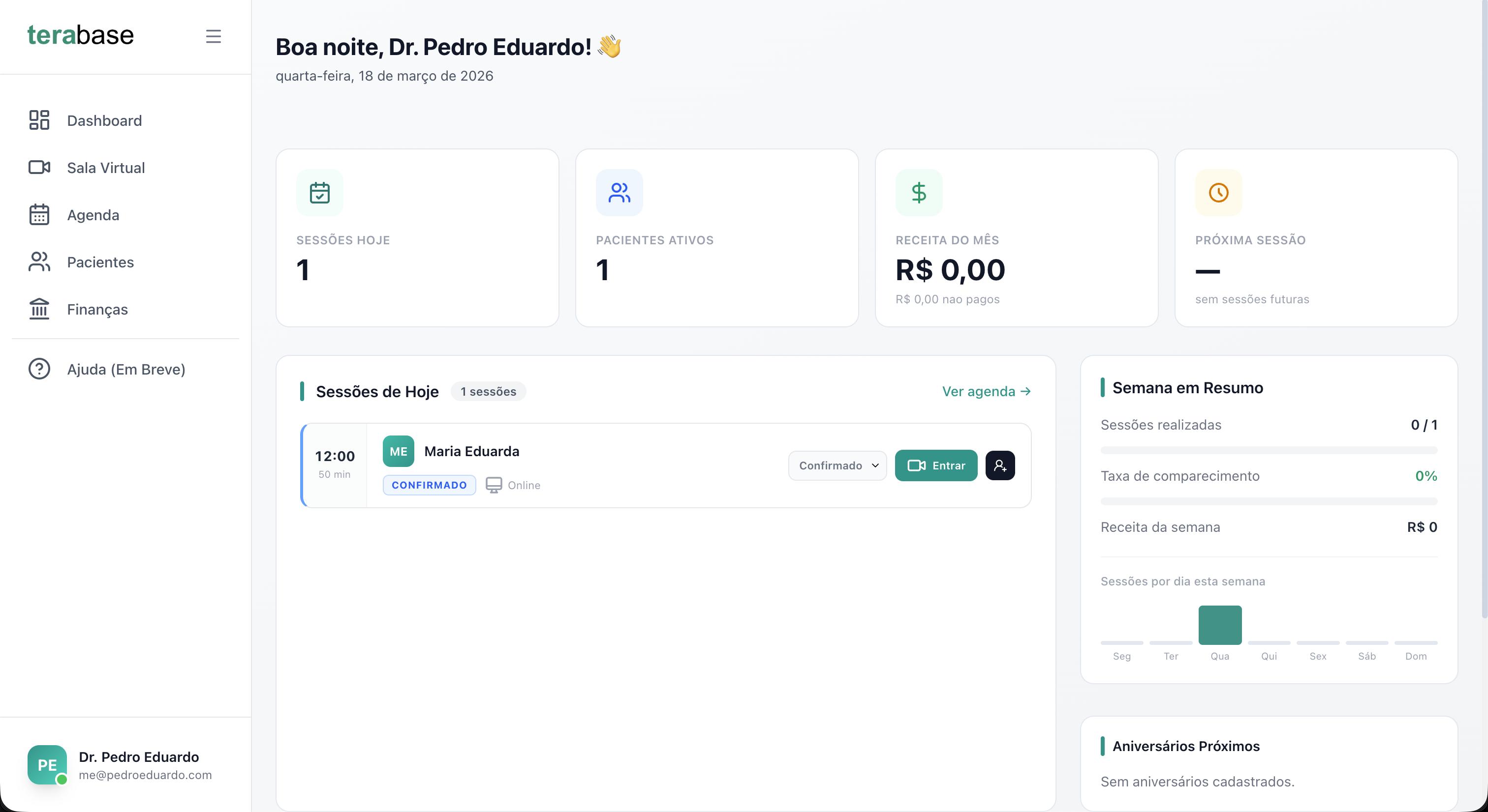 Dashboard do Terabase mostrando sessões do dia, pacientes ativos e receita mensal