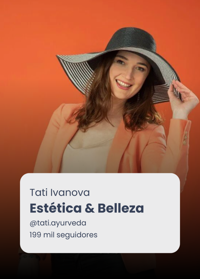 Presentación de Tati Ivanova sobre estética y belleza, con sombrero y fondo naranja.