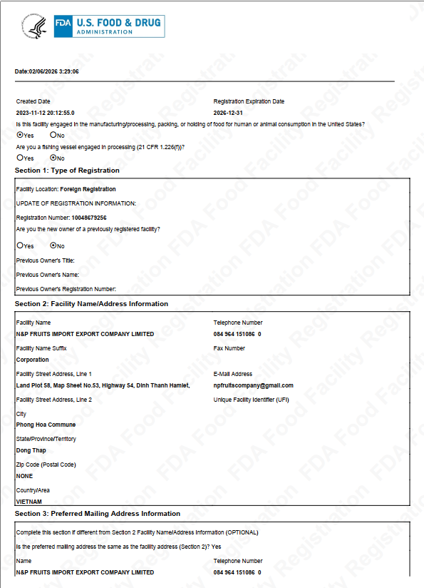 Form FDA 3537 - Facility Registration - N&P Fruits