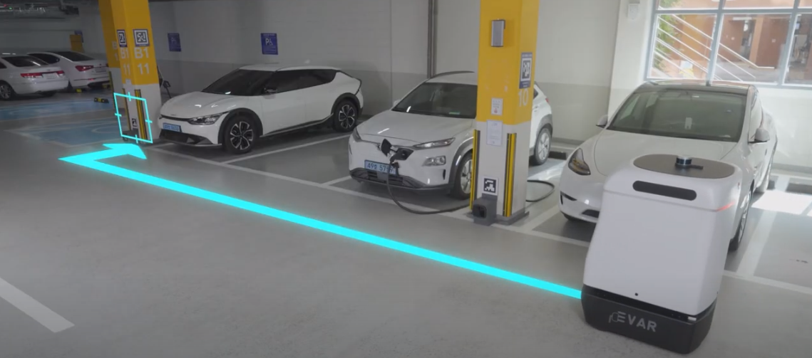 MILI Robot navigating in a parking garage with LED path visualization