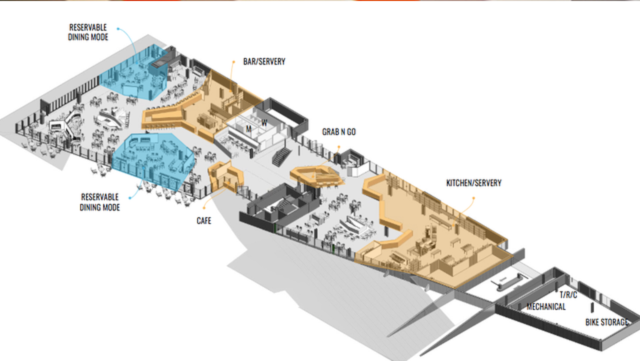 Isometric architectural floor plan showing reservable dining zones, bar/servery, cafe, grab n go, and kitchen/servery areas