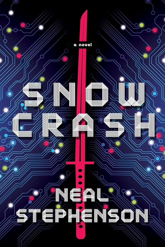 Snow Crash novel cover featuring a red katana on a circuit board background