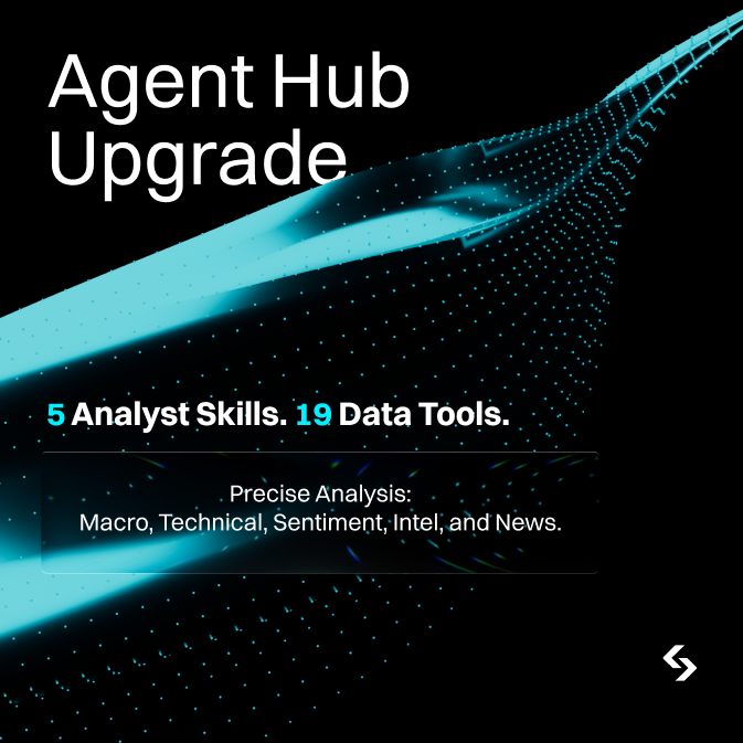 Agent Hub Upgrade — 5 Analyst Skills, 19 Data Tools, sweeping teal particle data-stream wave on black