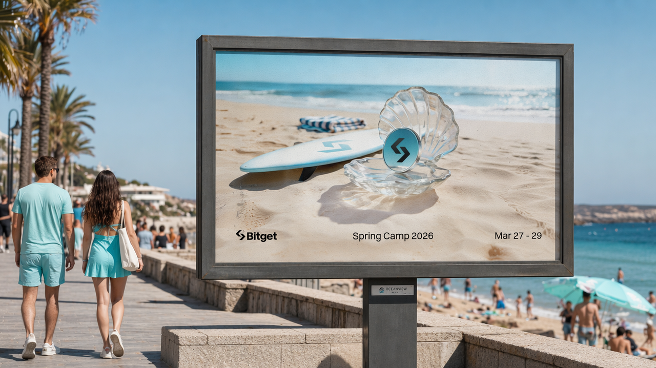Spring Camp 2026 OOH — outdoor billboard on beachside promenade with couple walking past, palm trees, clear blue sky