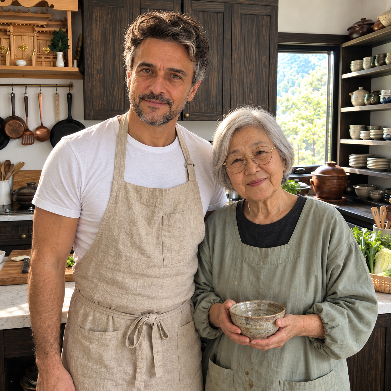 Geraldo César ao lado de uma cozinheira japonesa em Osaka