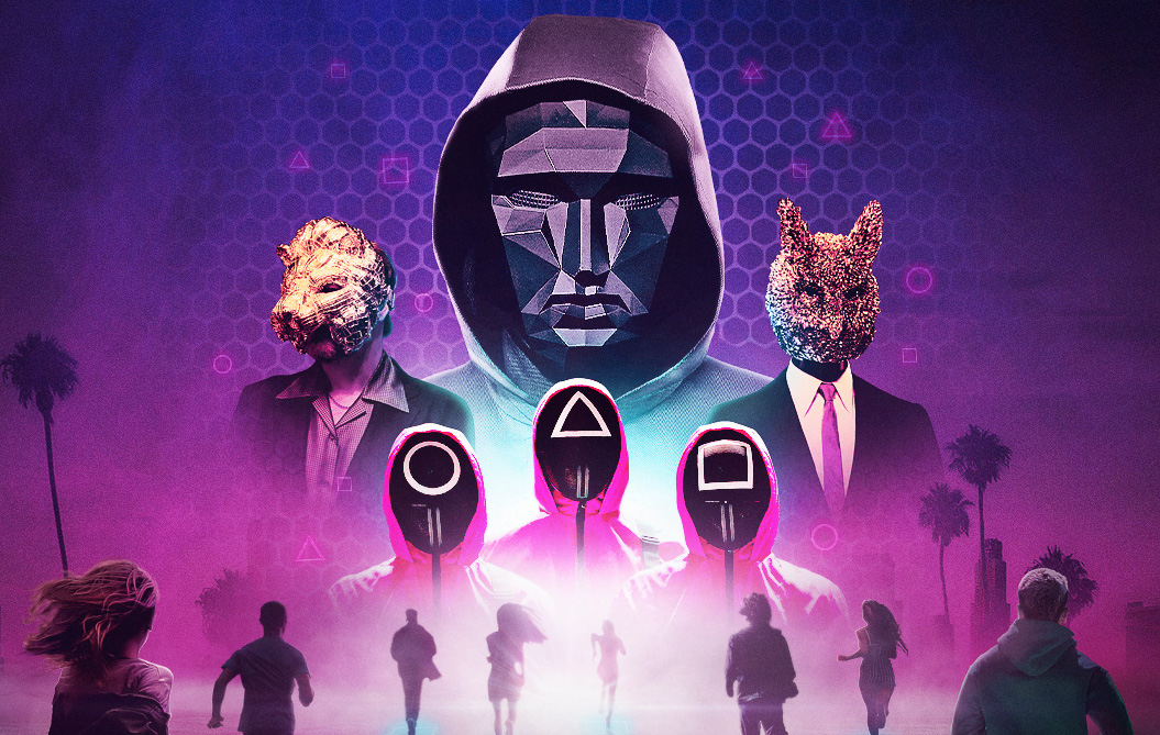 Squid Game themed artwork with masked figures and runners in a purple neon setting