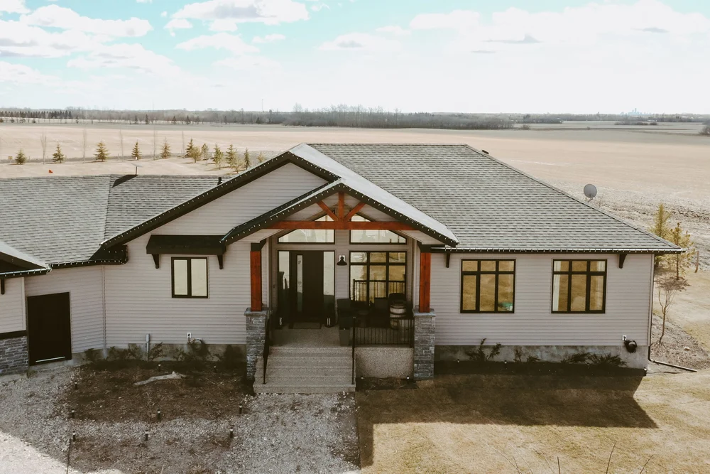 Exterior with timber frame entry
