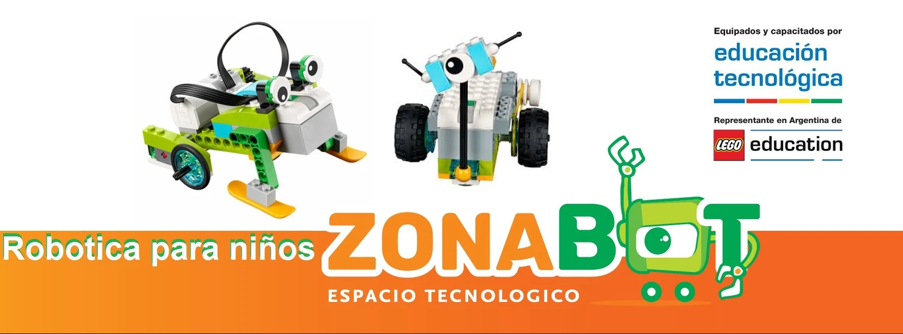 Banner de ZonaBot con robots educativos LEGO y la identidad de educación tecnológica