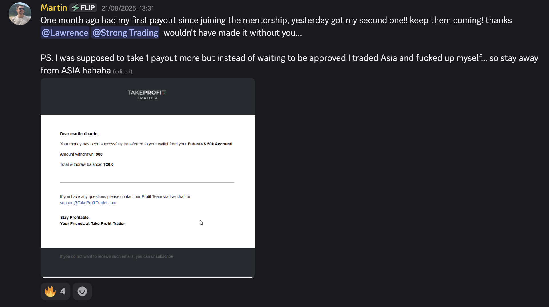 Martin — 2nd payout since joining, TakeProfitTrader $900 withdrawal