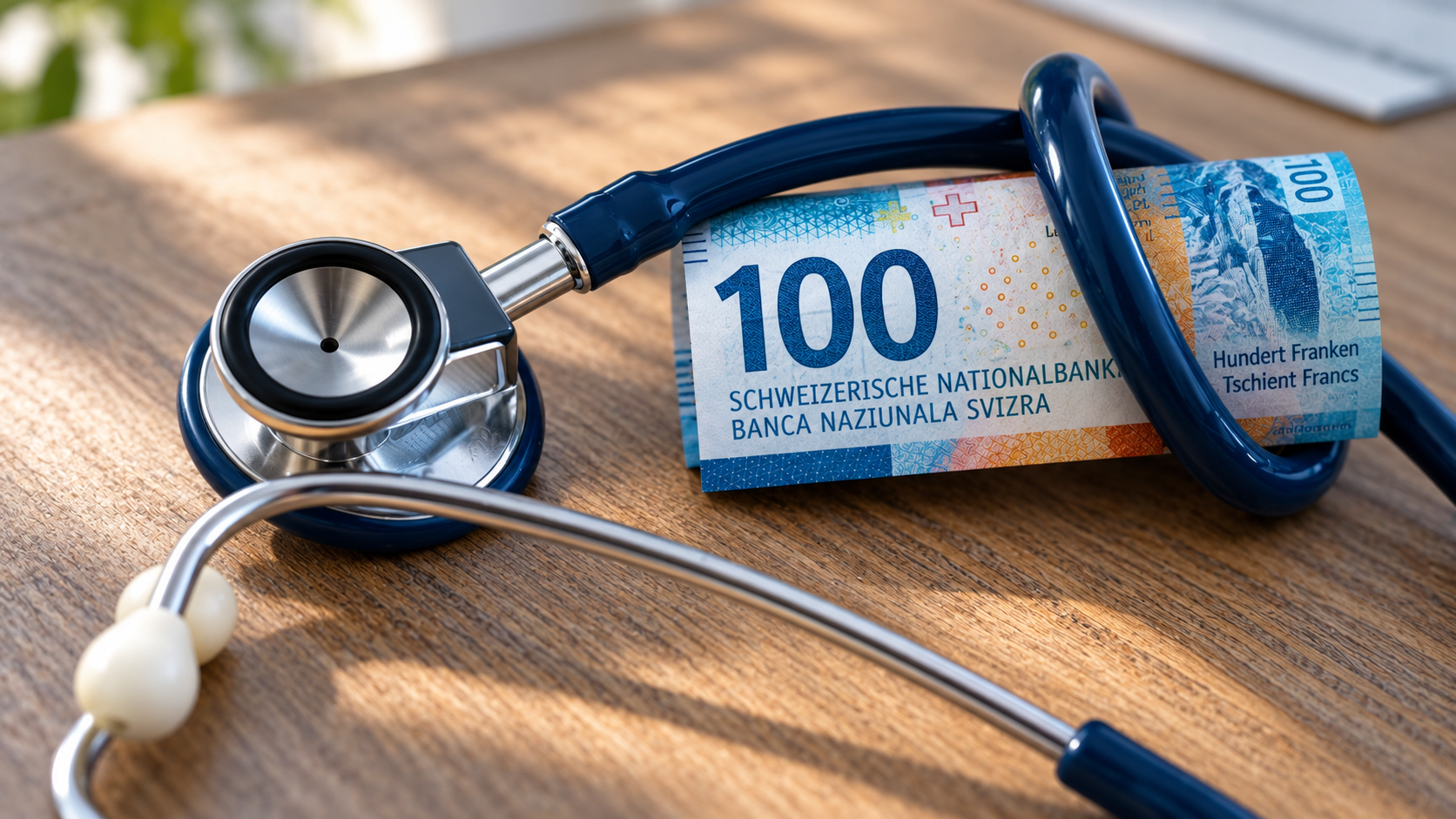 Stetoscopio appoggiato su una banconota svizzera da 100 franchi