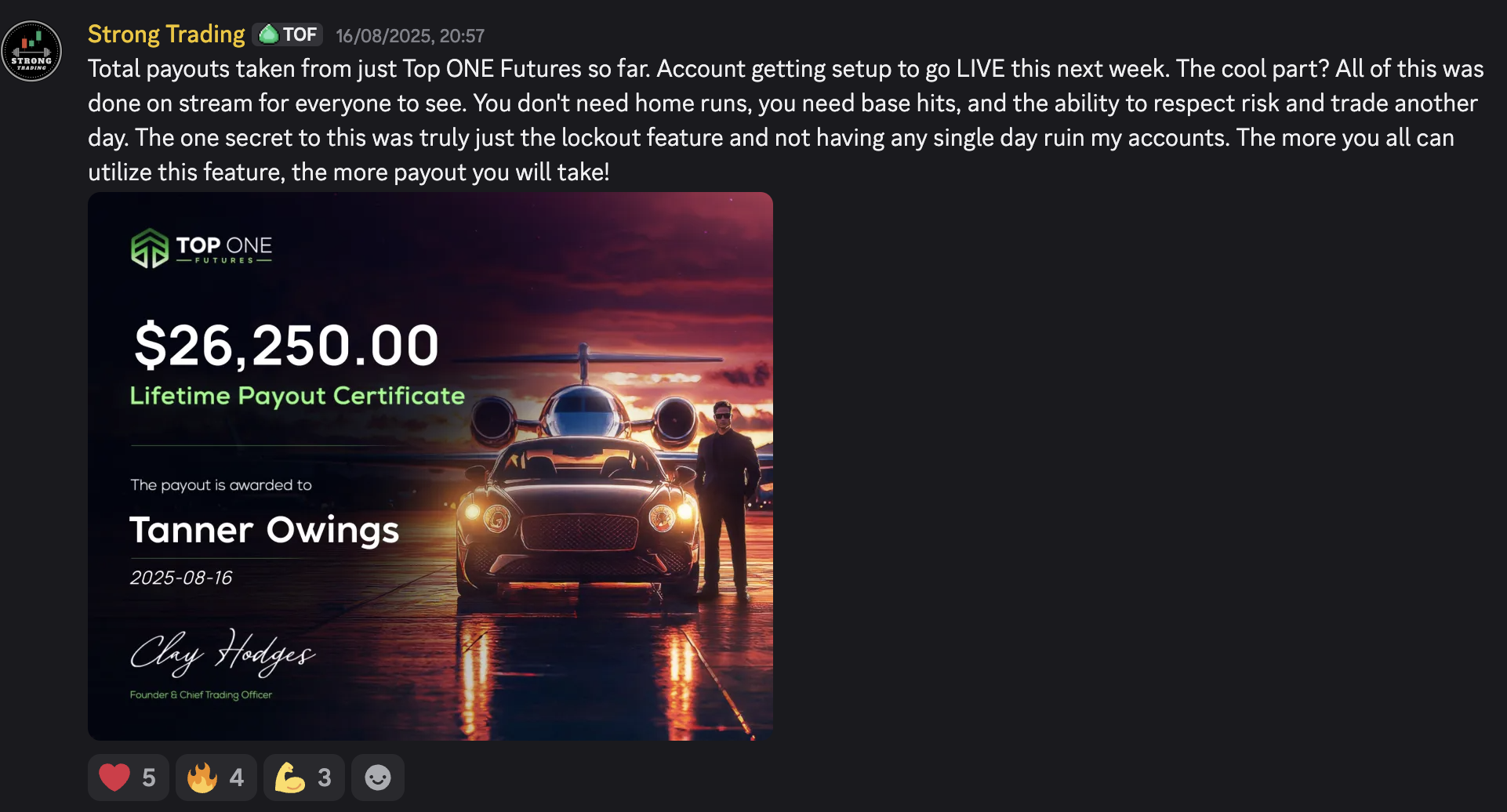 Tanner Owings — Top One Futures $26,250 Lifetime Payout Certificate