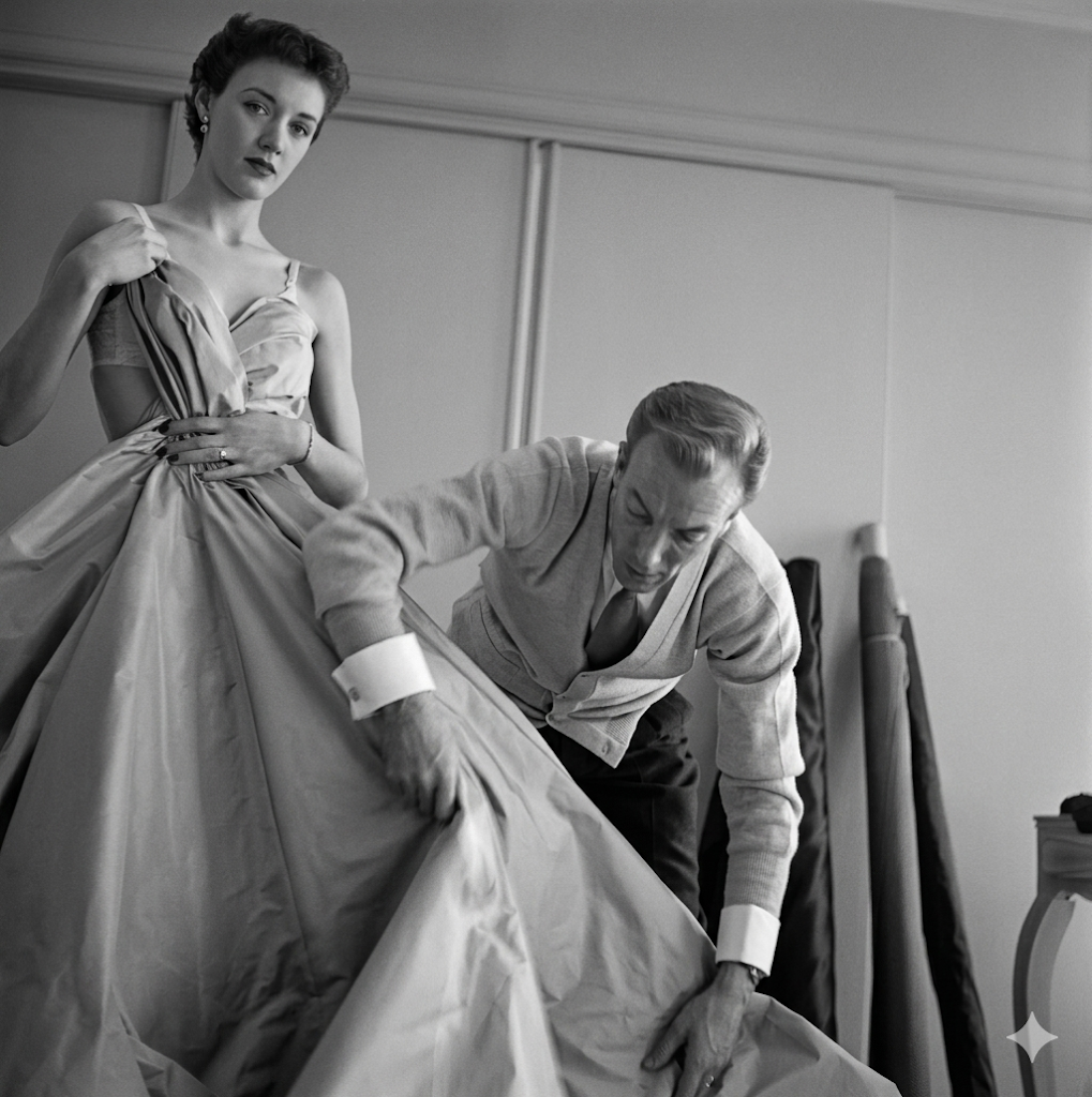 Jacques Fath adjusting a silk ball gown on a model in his Paris atelier