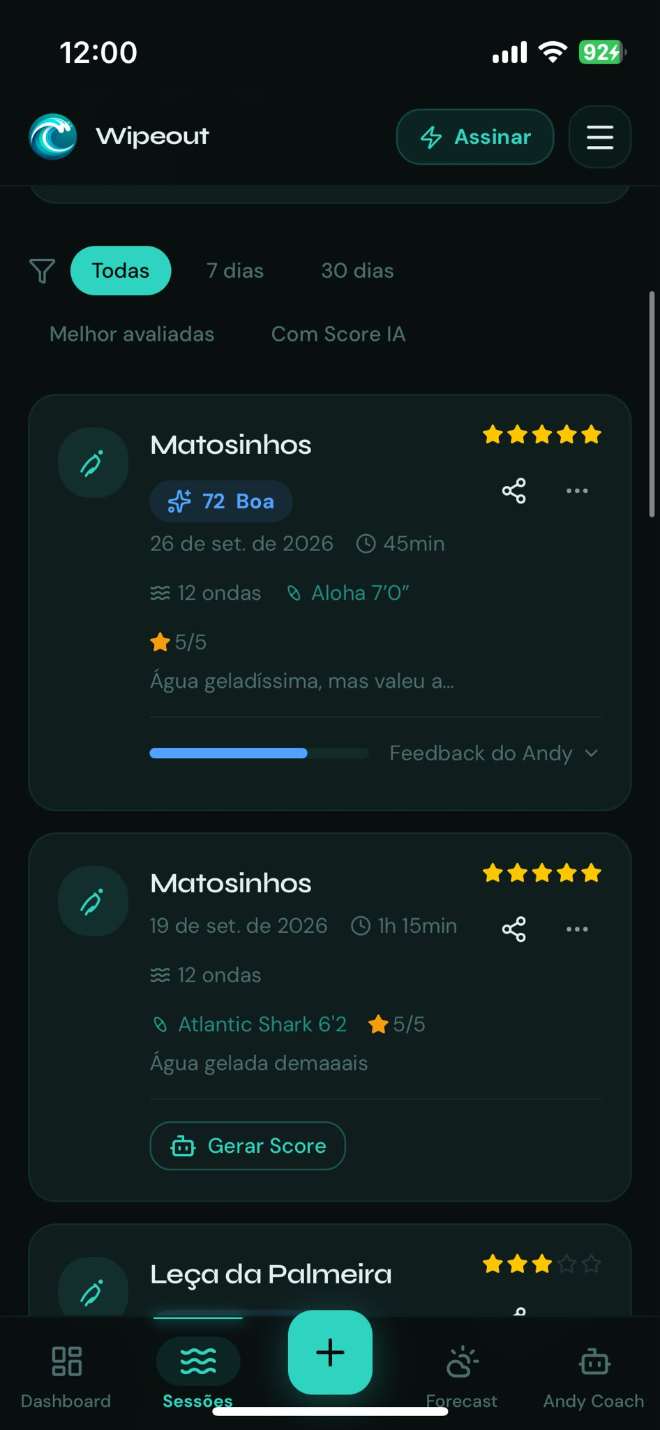 Tela mobile da lista de sessões Wipeout