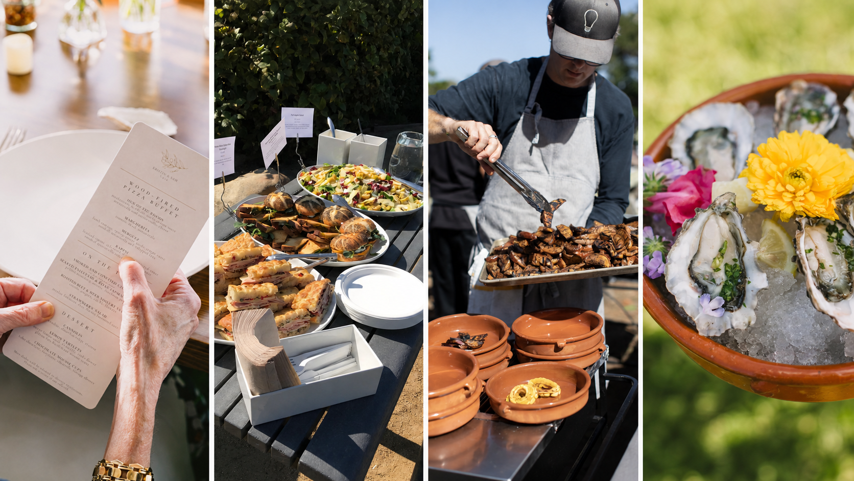 Four-panel Just Fare event catering collage: menu card at a candlelit table, outdoor buffet with sandwiches and salads, chef plating roasted mushrooms at a grill station, and fresh oysters on ice with edible flowers