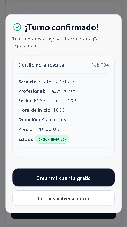 Pantalla de confirmación de turno mostrando los detalles de la reserva confirmada