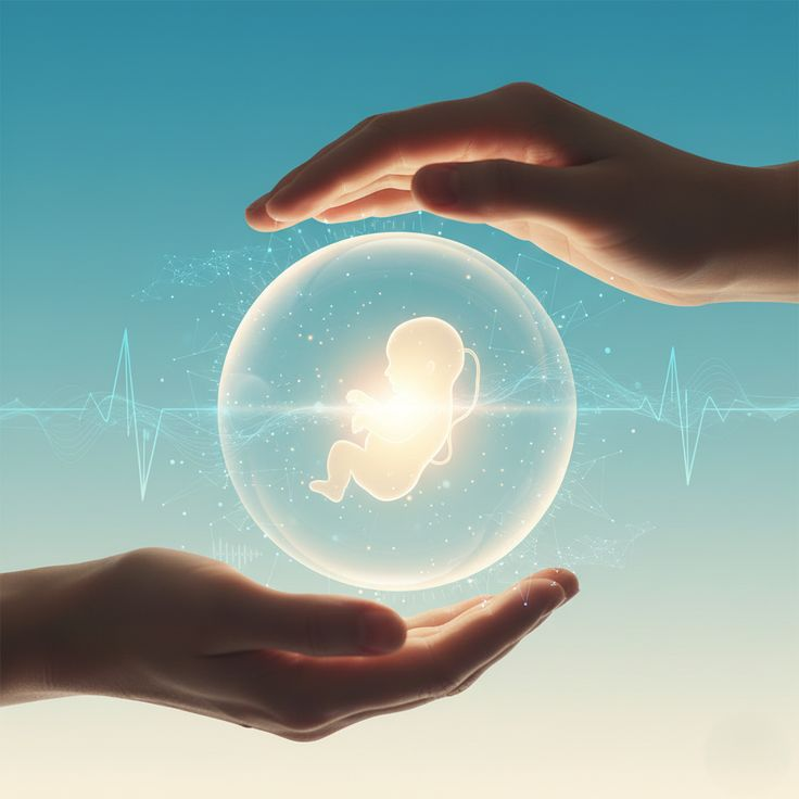 Hands gently holding and protecting a glowing embryo, representing fertility care and parenthood