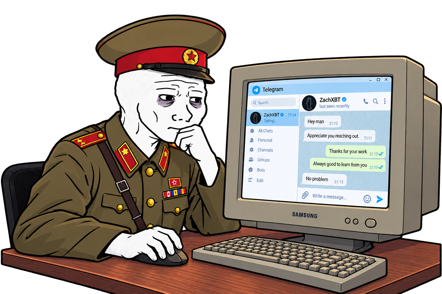 Jimmy Green, a deadpan cartoon officer at a retro computer with a Telegram chat
