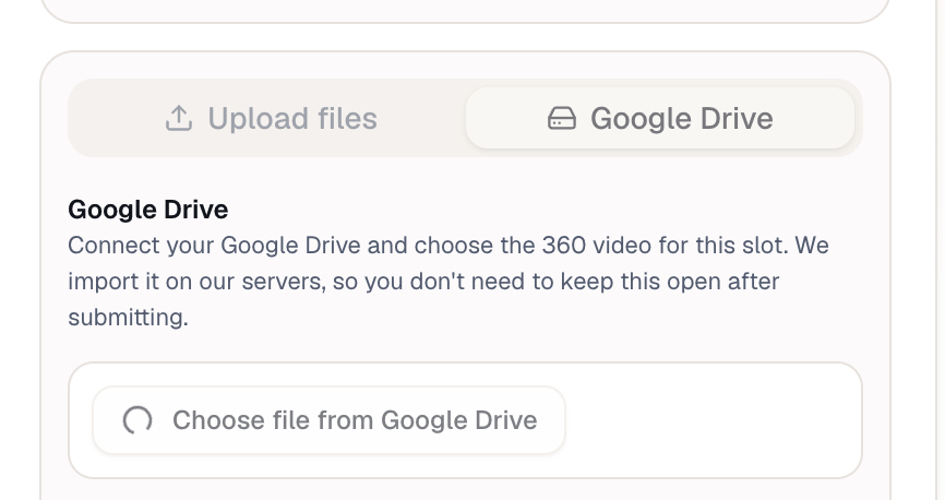 The upload screen showing the Upload files and Google Drive tabs, with the Google Drive tab selected and a Choose file from Google Drive button