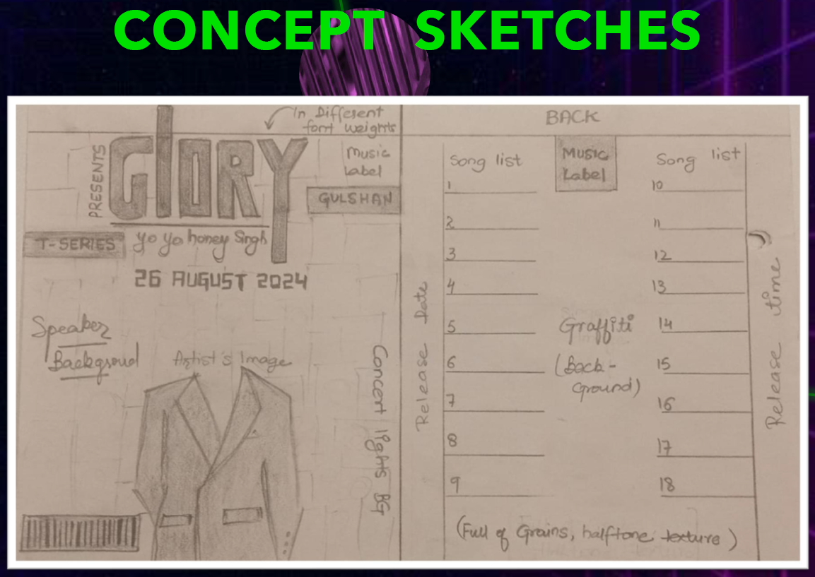 Pencil concept sketch of the GLORY front and back album layout