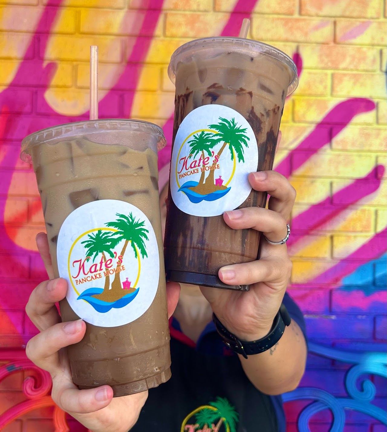 Two iced coffees with Kate's Pancake House stickers