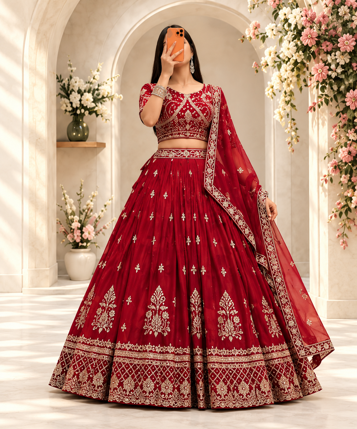 Model wearing a festive embroidered lehenga