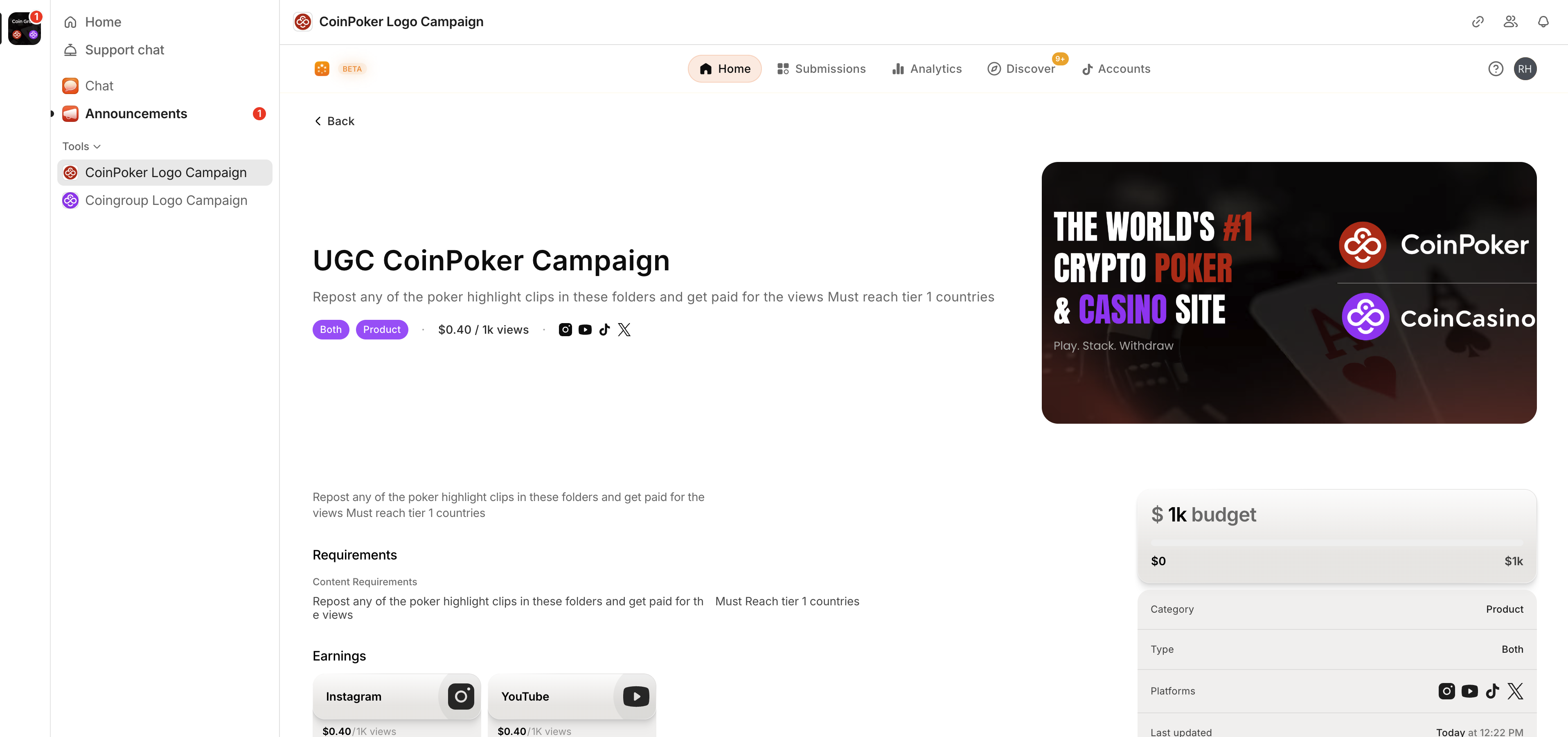 UGC CoinPoker Campaign page showing $0.40 per 1k views and $1k budget
