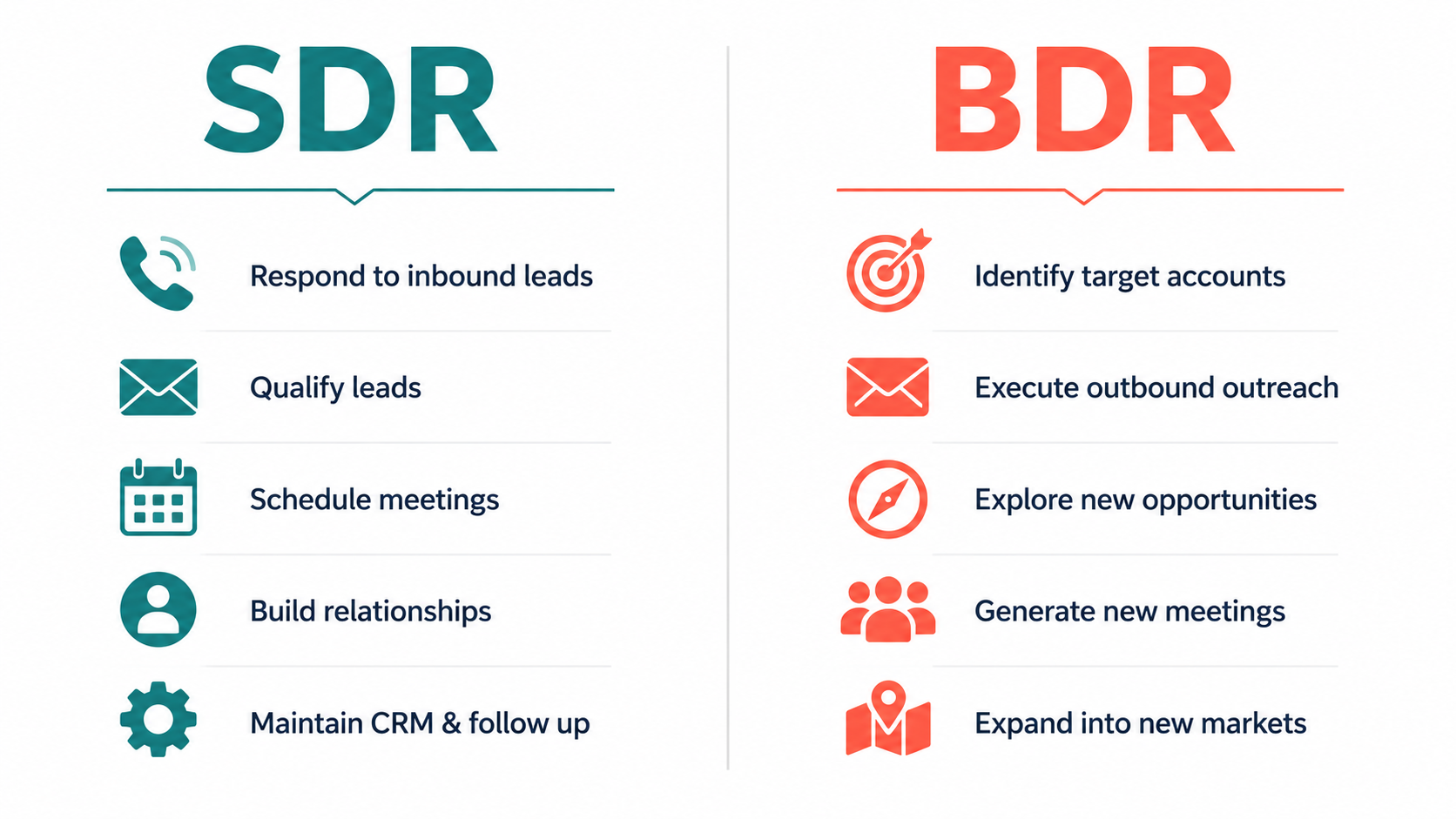 SDR vs BDR responsibilities — SDR (teal): Respond to inbound leads, Qualify leads, Schedule meetings, Build relationships, Maintain CRM & follow up; BDR (orange): Identify target accounts, Execute outbound outreach, Explore new opportunities, Generate new meetings, Expand into new markets