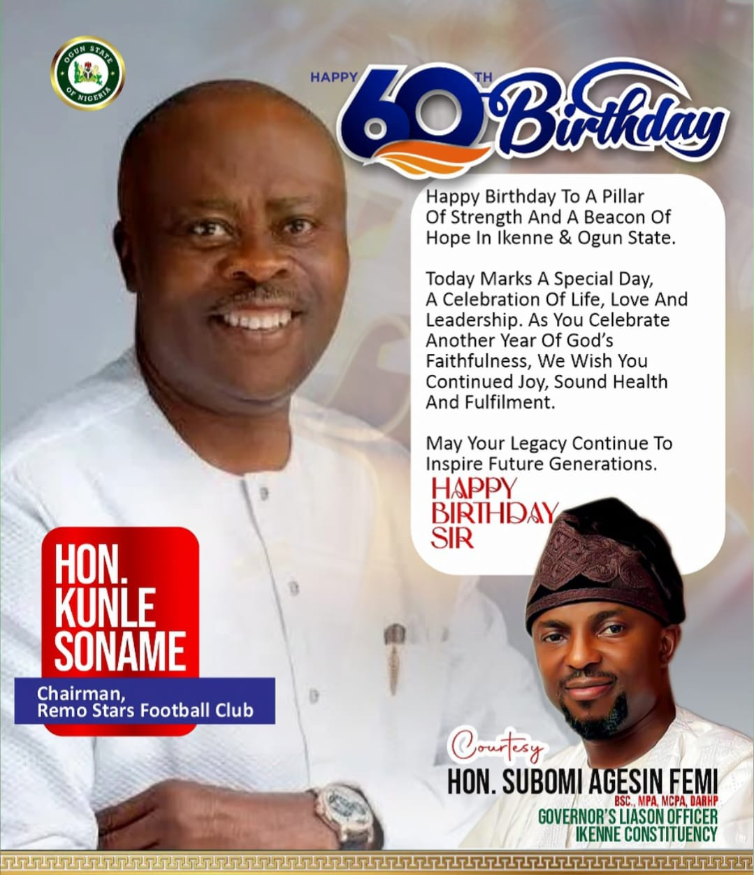 Heartfelt Birthday Felicitations to Hon. Kunle Soname: A Visionary Leader and Illustrious Son of Remo