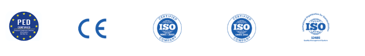 Certification and standards marks: PED, CE, ISO 9001, ISO 14001, and ISO 13485.