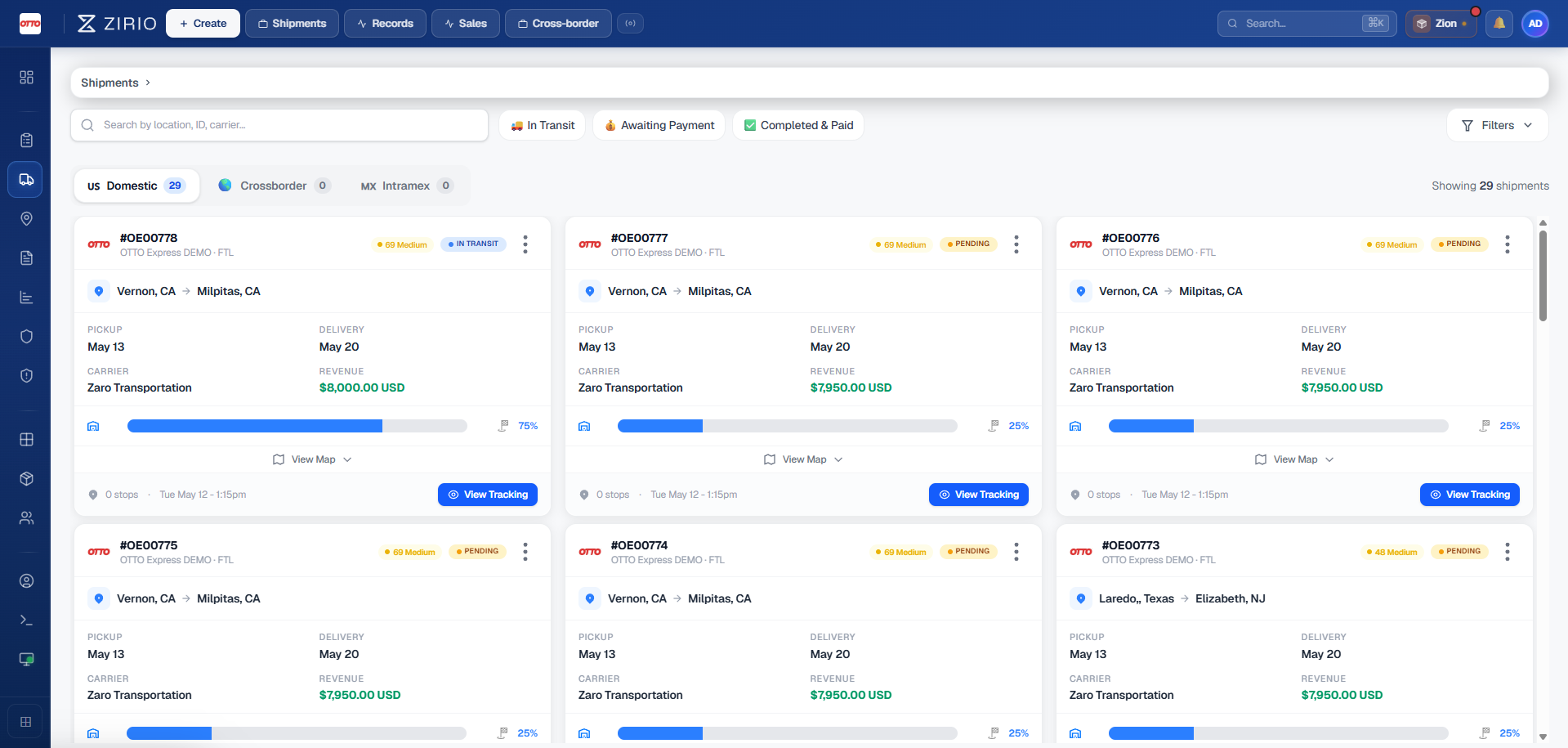 Zirio Shipments Dashboard