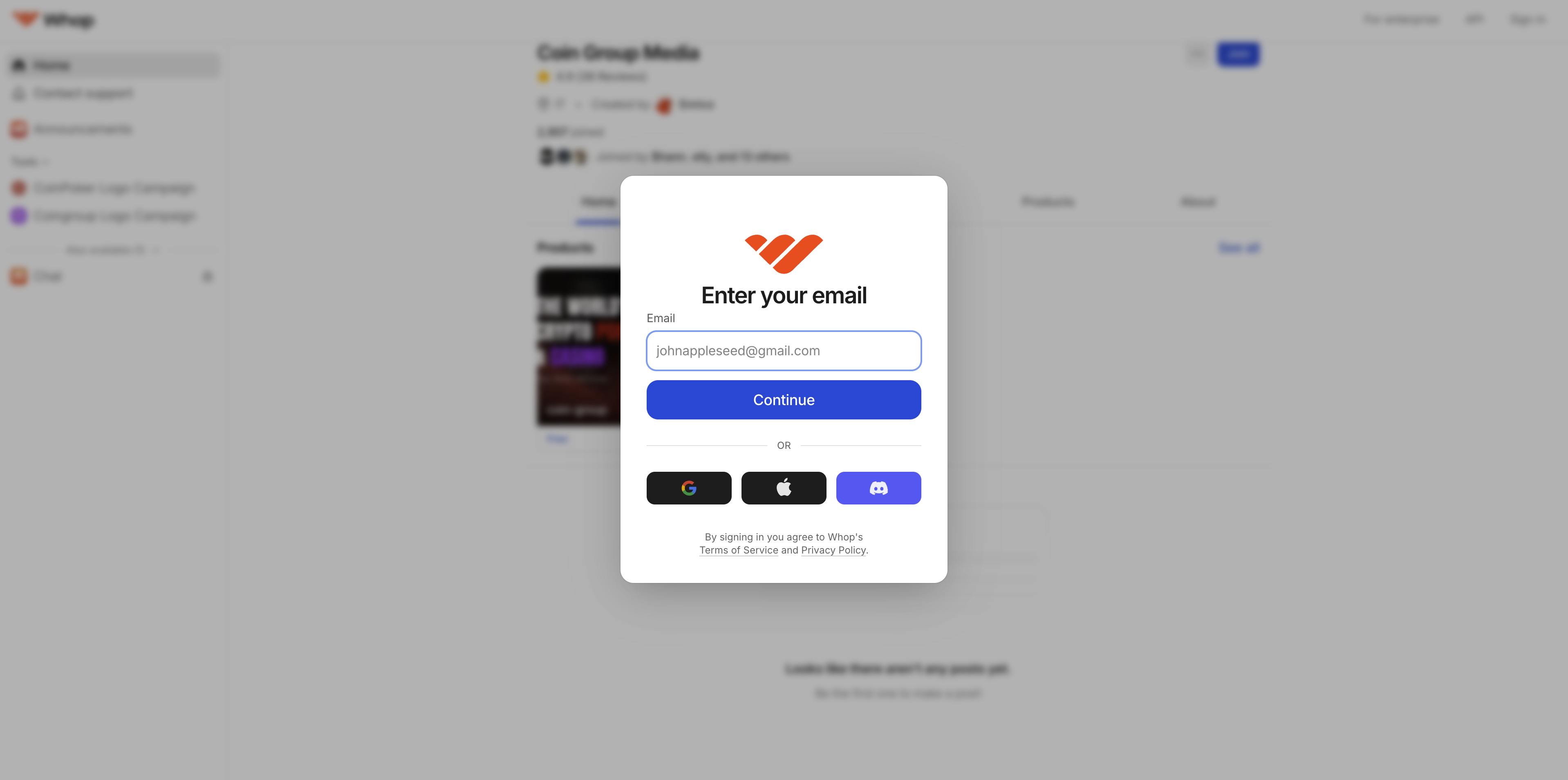 Whop sign-up screen showing email and social login options