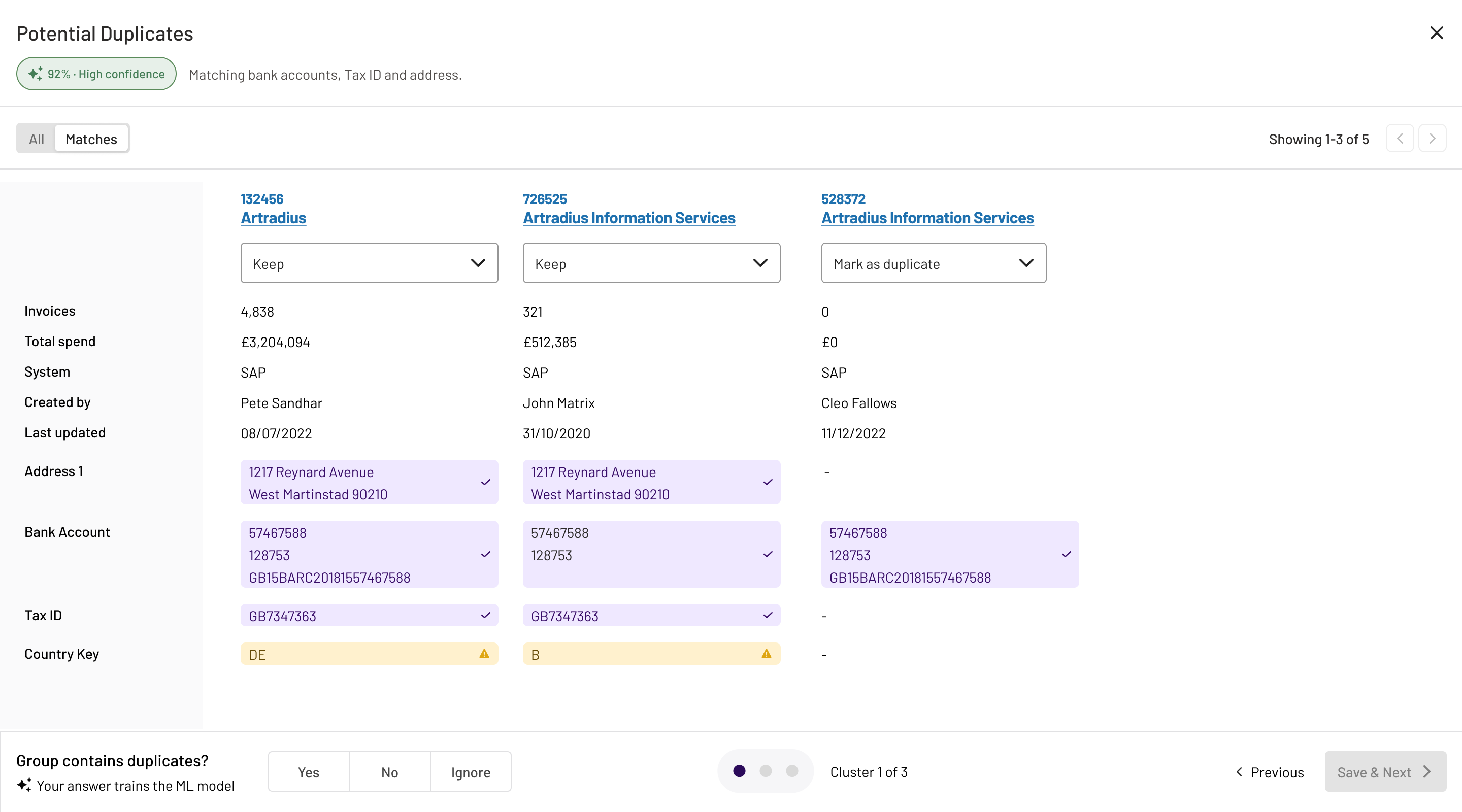 Redesigned Duplicate Vendors comparison workspace comparing vendor records side by side