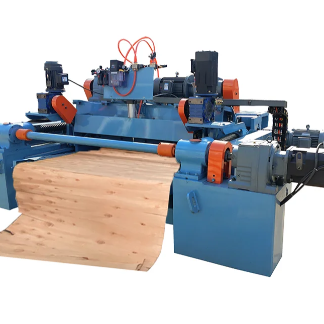 Rotary veneer peeling machine on a factory floor