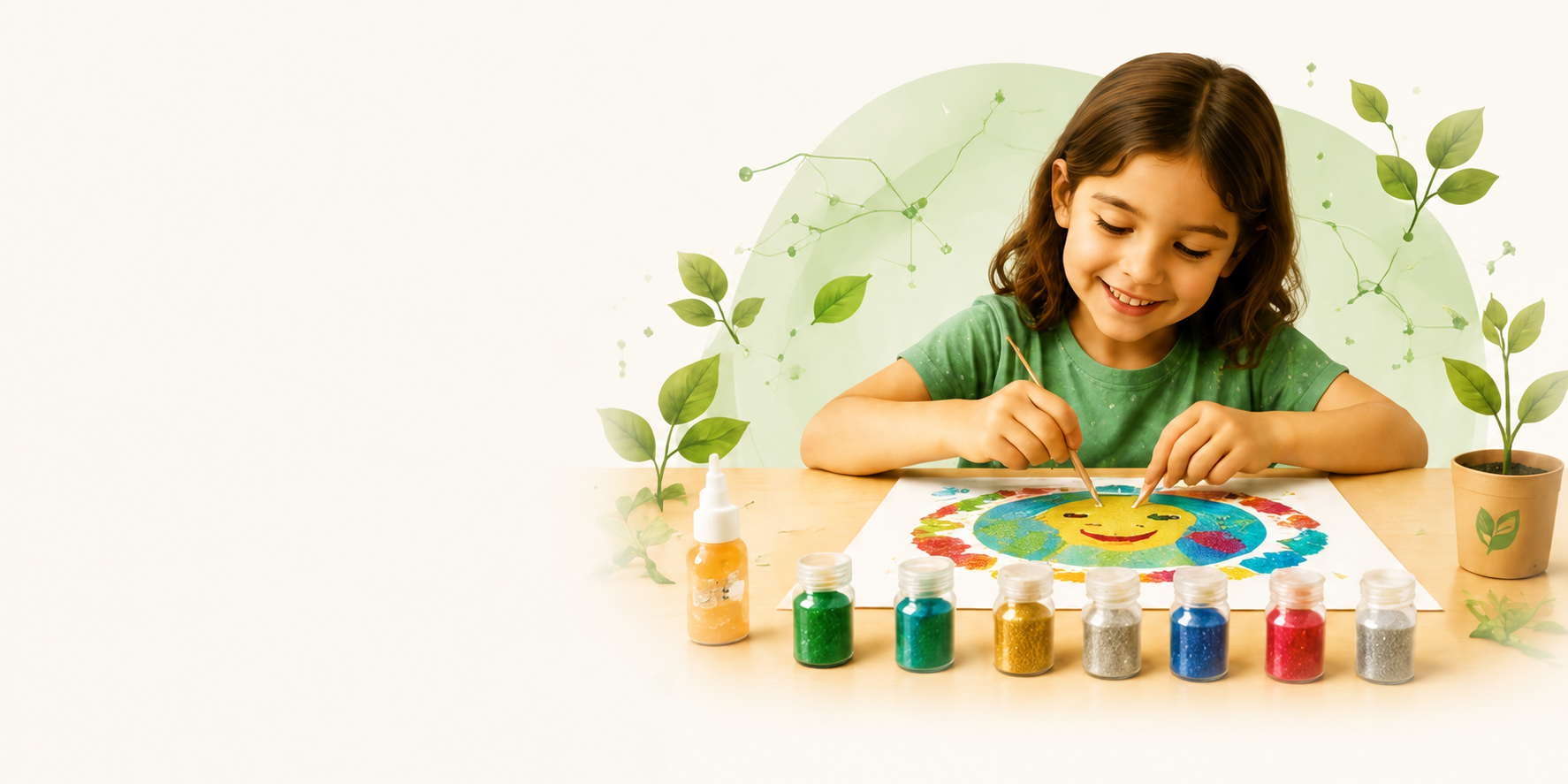 Criança pintando com Green Glitter biodegradável