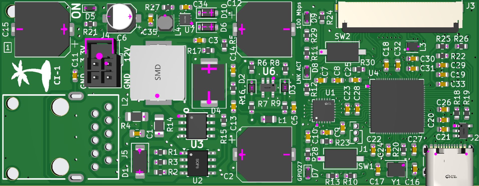 Copper Islands Development Board - A green PCB featuring various electronic components, ethernet connectivity, GPIO pins, and industrial-grade ICs