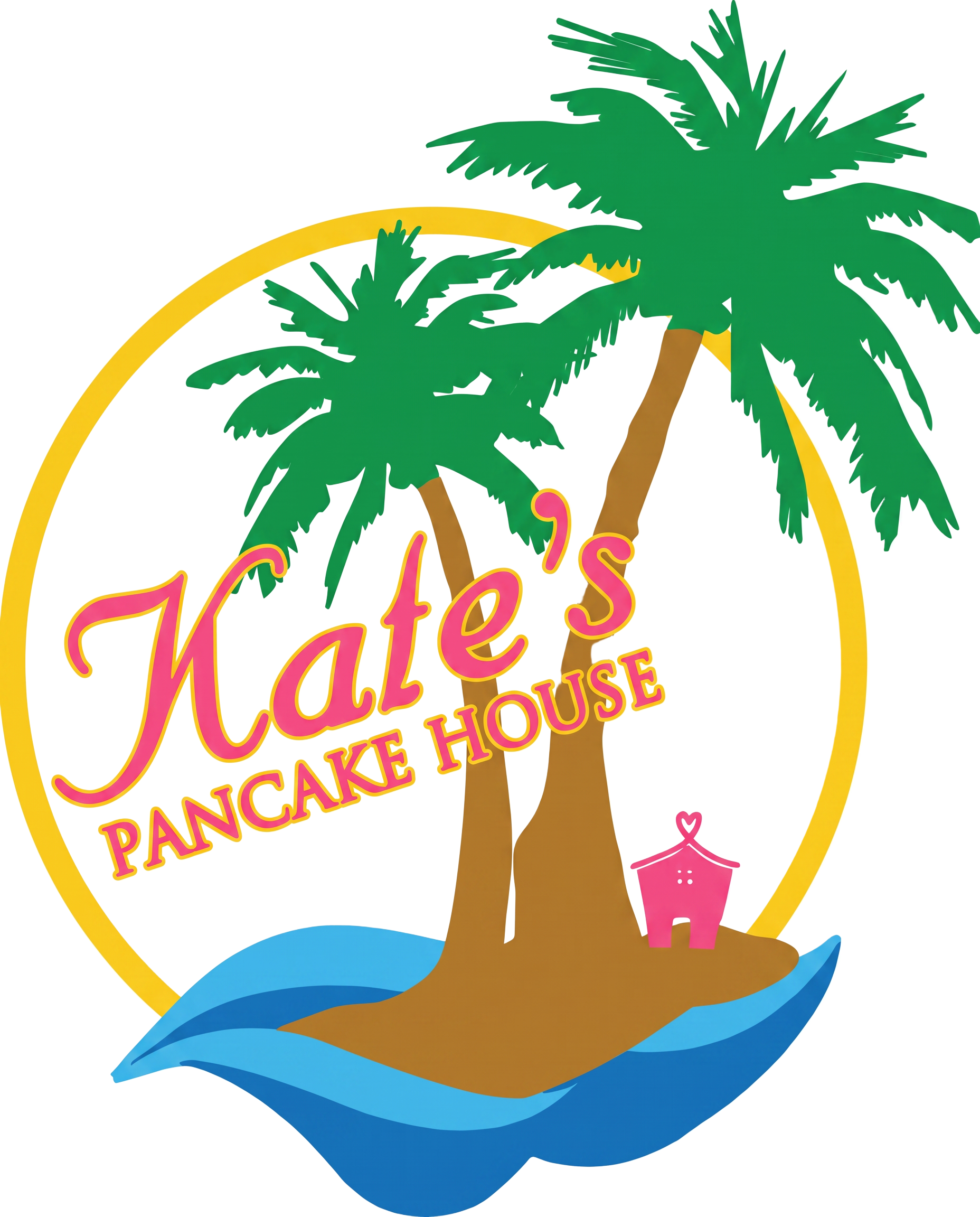 Kate's Pancake House logo with palm trees, waves, and a pink house
