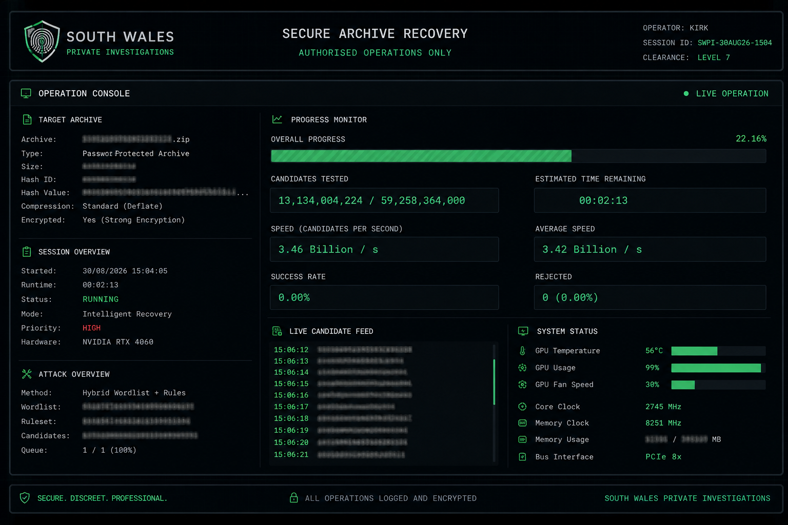 Secure archive recovery operations console showing a live password recovery process