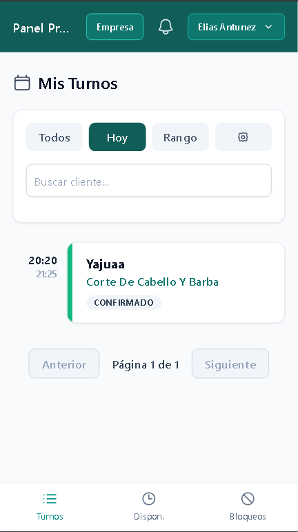 Panel de control de AnSa Turnos mostrando la lista de turnos del día con filtros y navegación