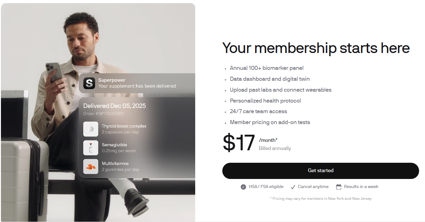 Superpower membership page showing $17/month annual plan with 100+ biomarker panel, data dashboard, personalized health protocol, and 24/7 care team — HSA/FSA eligible