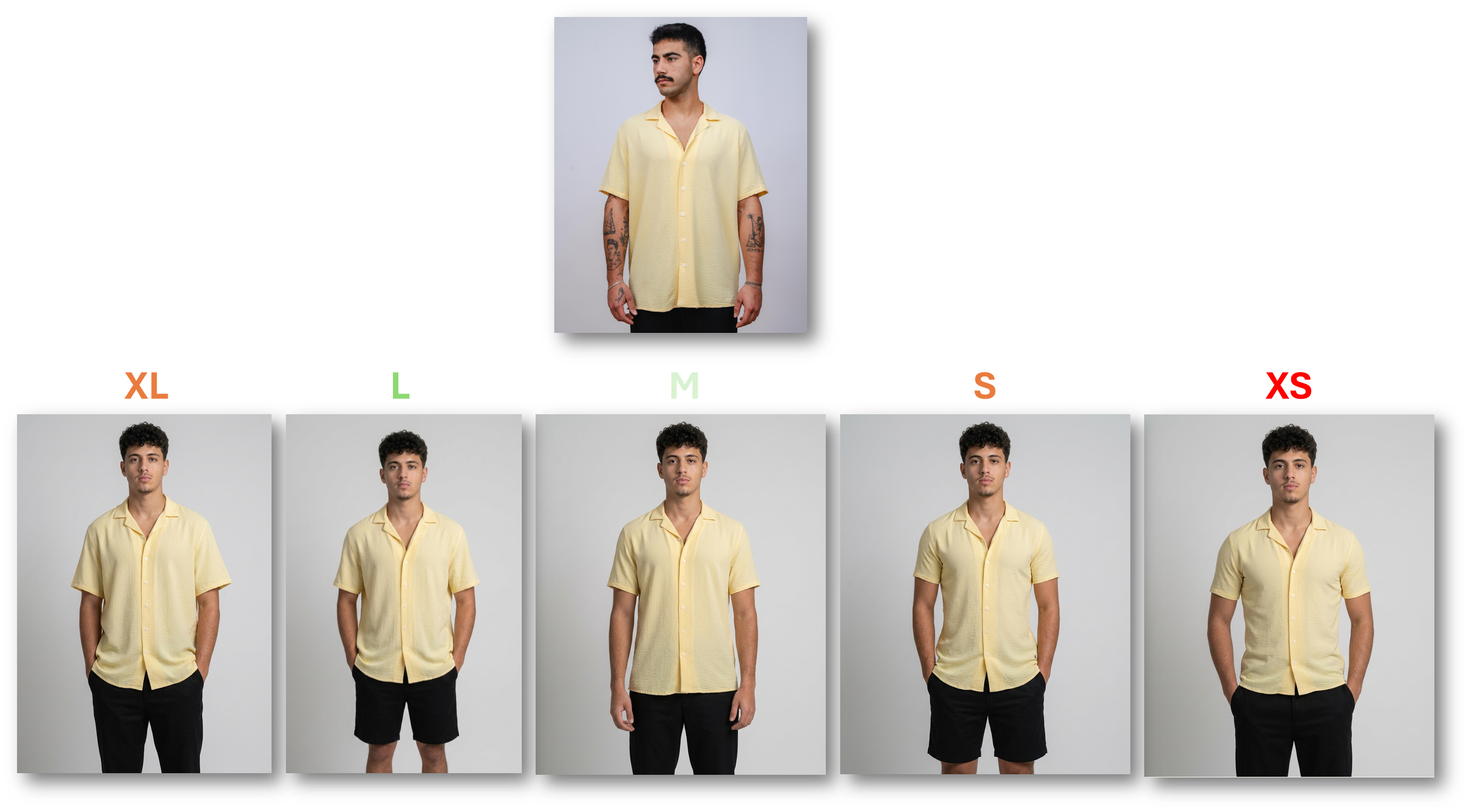 Size visualization across XL, L, M, S, XS sizes