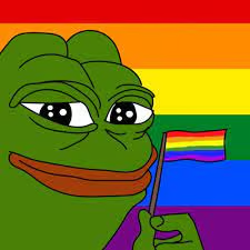 Gay Pepe mascot holding a rainbow pride flag