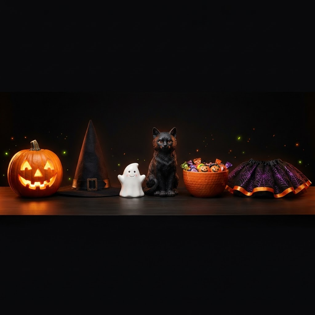 Halloween decorations, costume accessories, and seasonal products